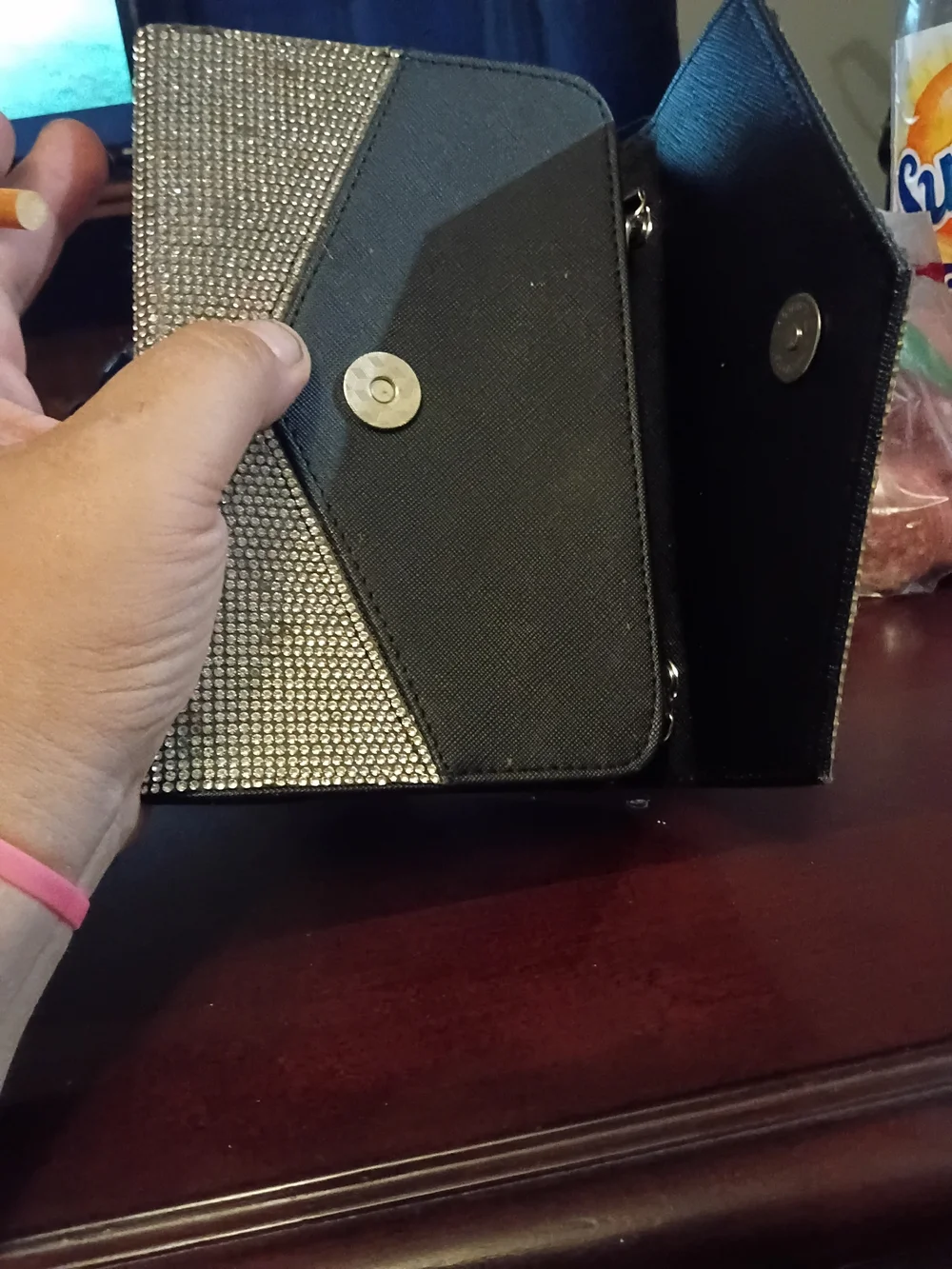 Silver Crystal Envelope Clutch with Black Trim